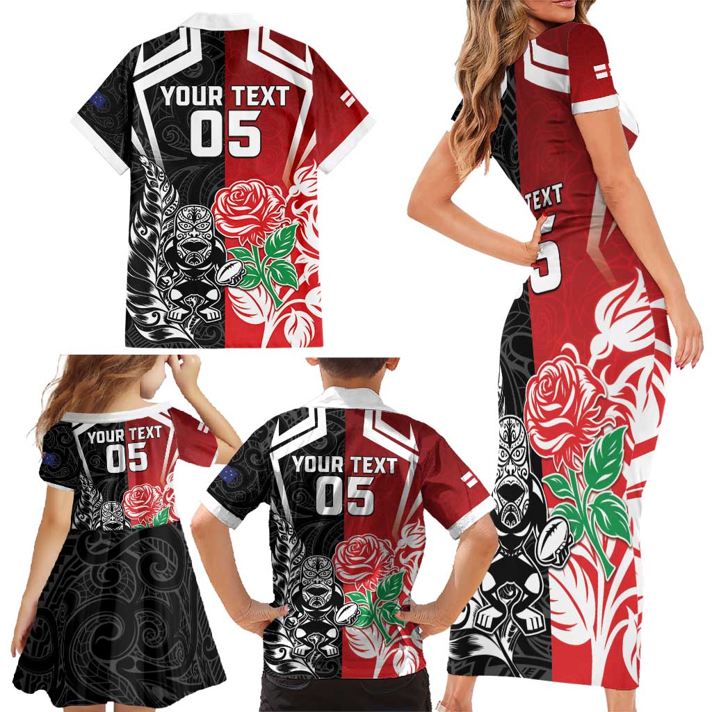 New Zealand And England Rugby Custom Family Matching Short Sleeve Bodycon Dress and Hawaiian Shirt Maori Tiki With Red Rose Together LT05 - Polynesian Pride