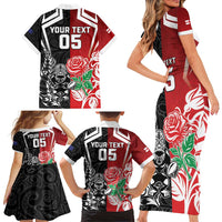 New Zealand And England Rugby Custom Family Matching Short Sleeve Bodycon Dress and Hawaiian Shirt Maori Tiki With Red Rose Together LT05 - Polynesian Pride