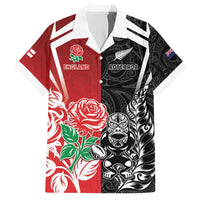 New Zealand And England Rugby Custom Family Matching Short Sleeve Bodycon Dress and Hawaiian Shirt Maori Tiki With Red Rose Together LT05 Dad's Shirt - Short Sleeve Red - Polynesian Pride