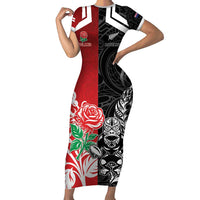 New Zealand And England Rugby Custom Family Matching Short Sleeve Bodycon Dress and Hawaiian Shirt Maori Tiki With Red Rose Together LT05 Mom's Dress Red - Polynesian Pride