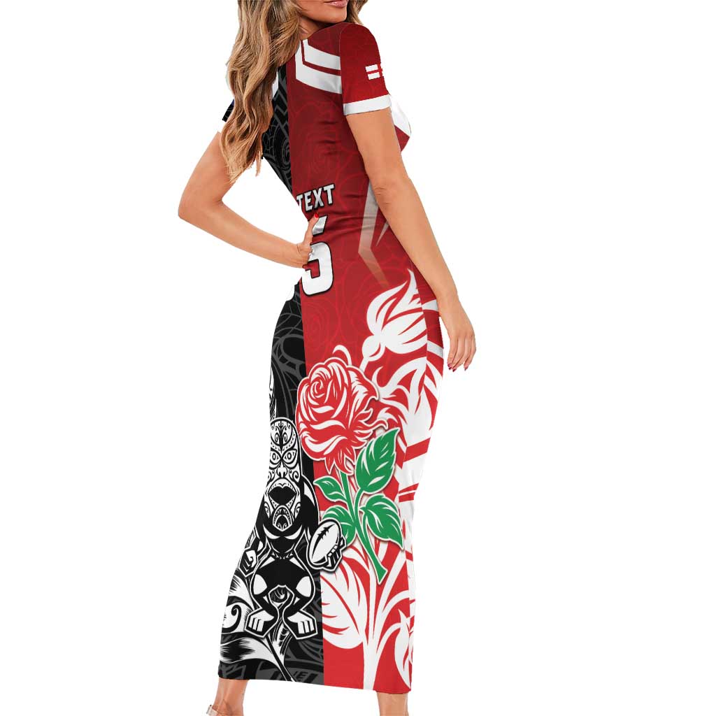 New Zealand And England Rugby Custom Family Matching Short Sleeve Bodycon Dress and Hawaiian Shirt Maori Tiki With Red Rose Together LT05 - Polynesian Pride