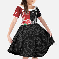 New Zealand And England Rugby Custom Family Matching Tank Maxi Dress and Hawaiian Shirt Maori Tiki With Red Rose Together LT05 Daughter's Dress Red - Polynesian Pride
