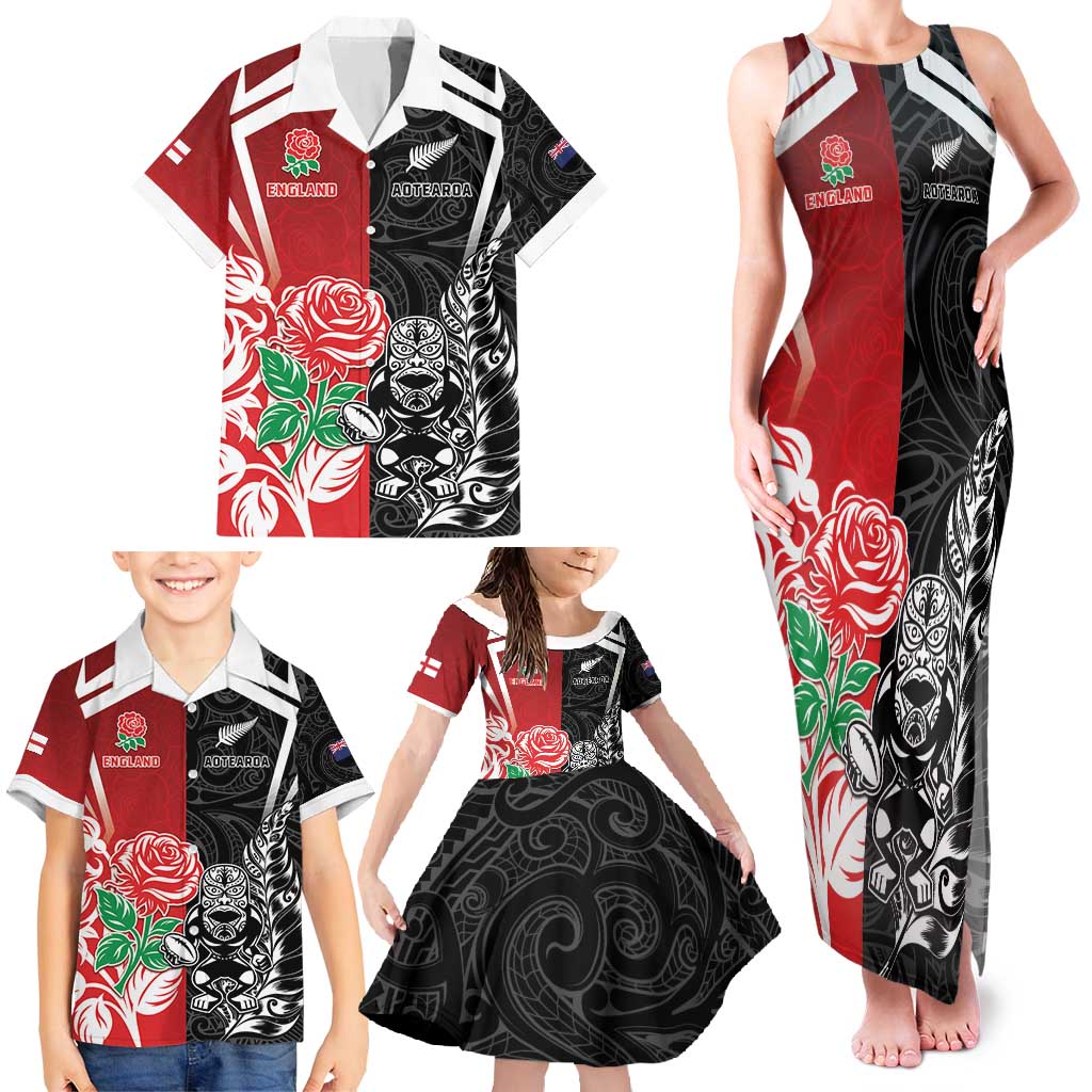 New Zealand And England Rugby Custom Family Matching Tank Maxi Dress and Hawaiian Shirt Maori Tiki With Red Rose Together LT05 - Polynesian Pride