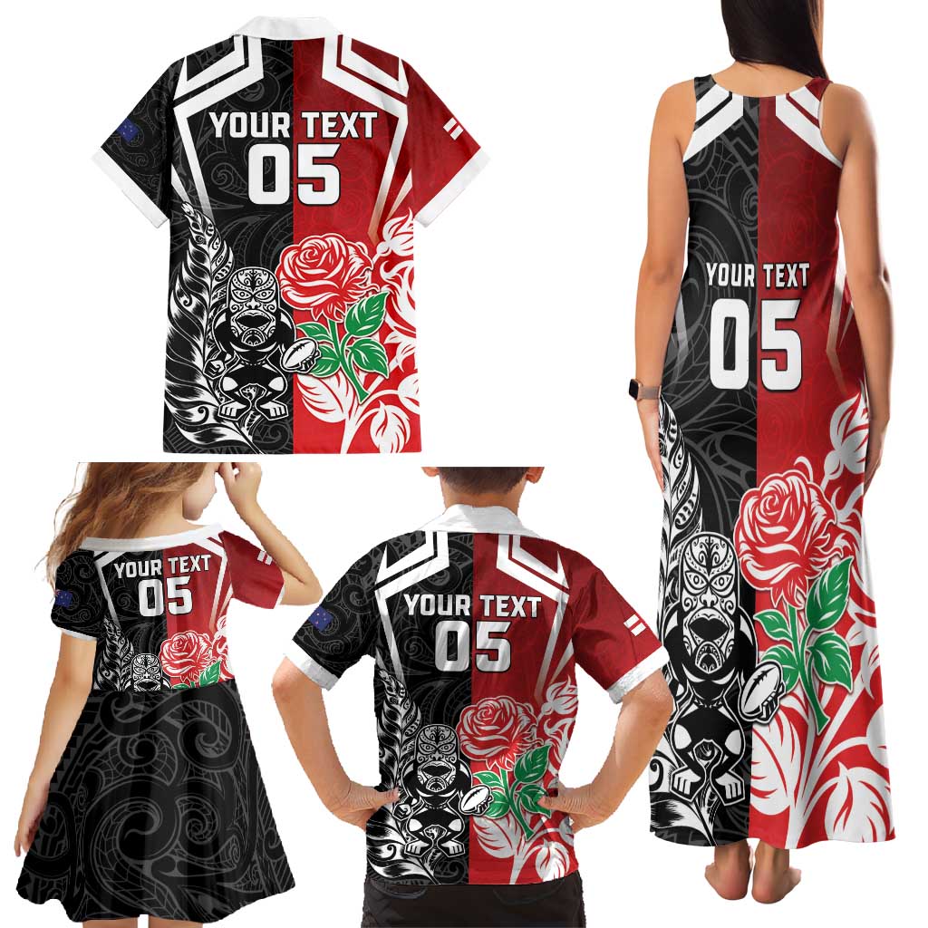 New Zealand And England Rugby Custom Family Matching Tank Maxi Dress and Hawaiian Shirt Maori Tiki With Red Rose Together LT05 - Polynesian Pride
