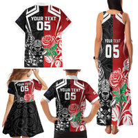 New Zealand And England Rugby Custom Family Matching Tank Maxi Dress and Hawaiian Shirt Maori Tiki With Red Rose Together LT05 - Polynesian Pride