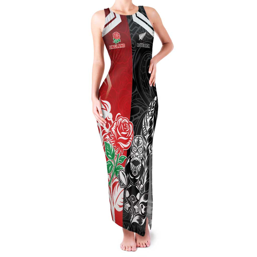 New Zealand And England Rugby Custom Family Matching Tank Maxi Dress and Hawaiian Shirt Maori Tiki With Red Rose Together LT05 Mom's Dress Red - Polynesian Pride
