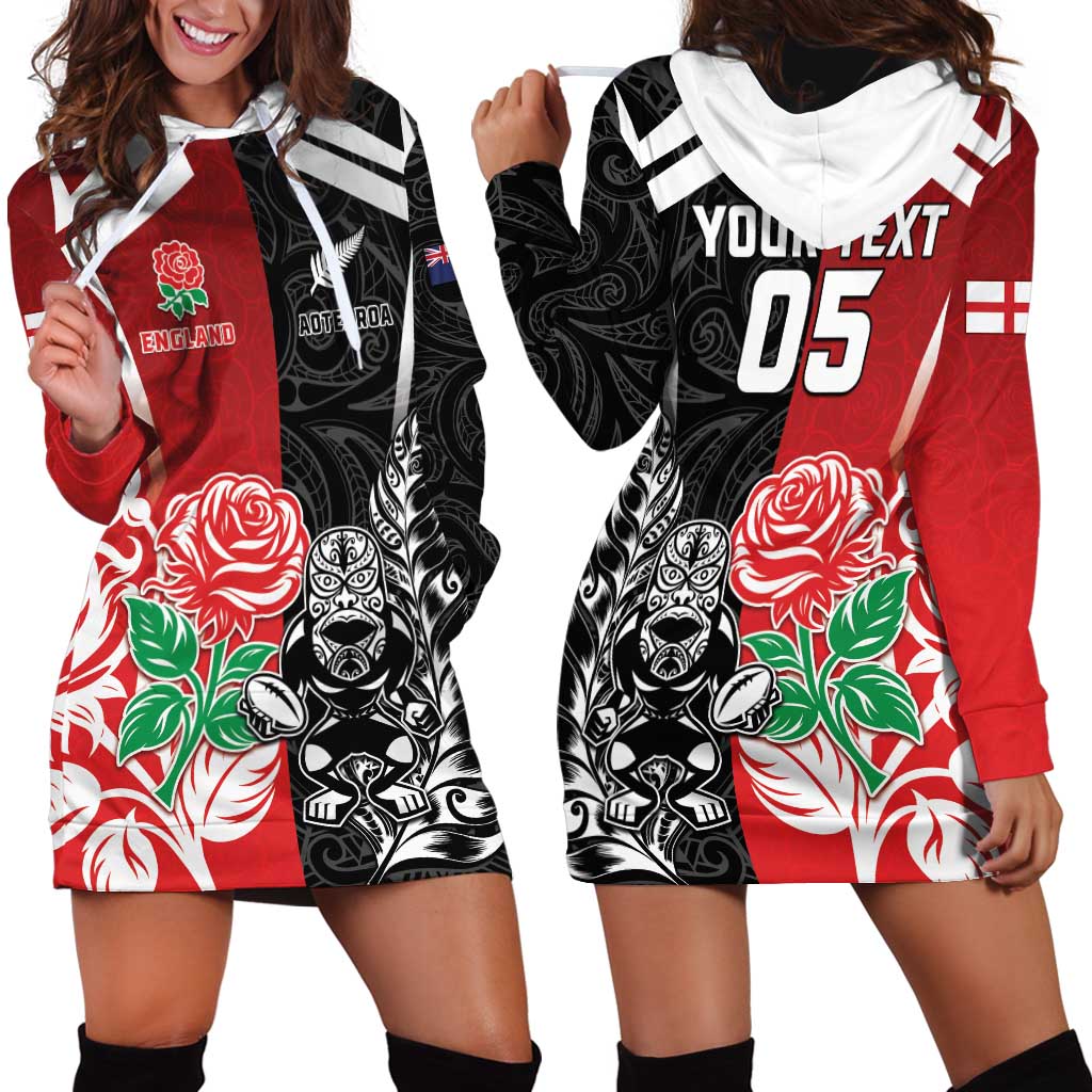 New Zealand And England Rugby Custom Hoodie Dress Maori Tiki With Red Rose Together