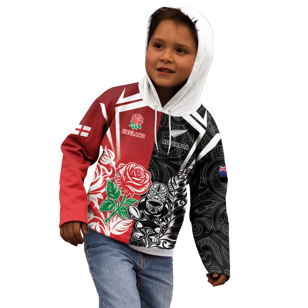 New Zealand And England Rugby Custom Kid Hoodie Maori Tiki With Red Rose Together