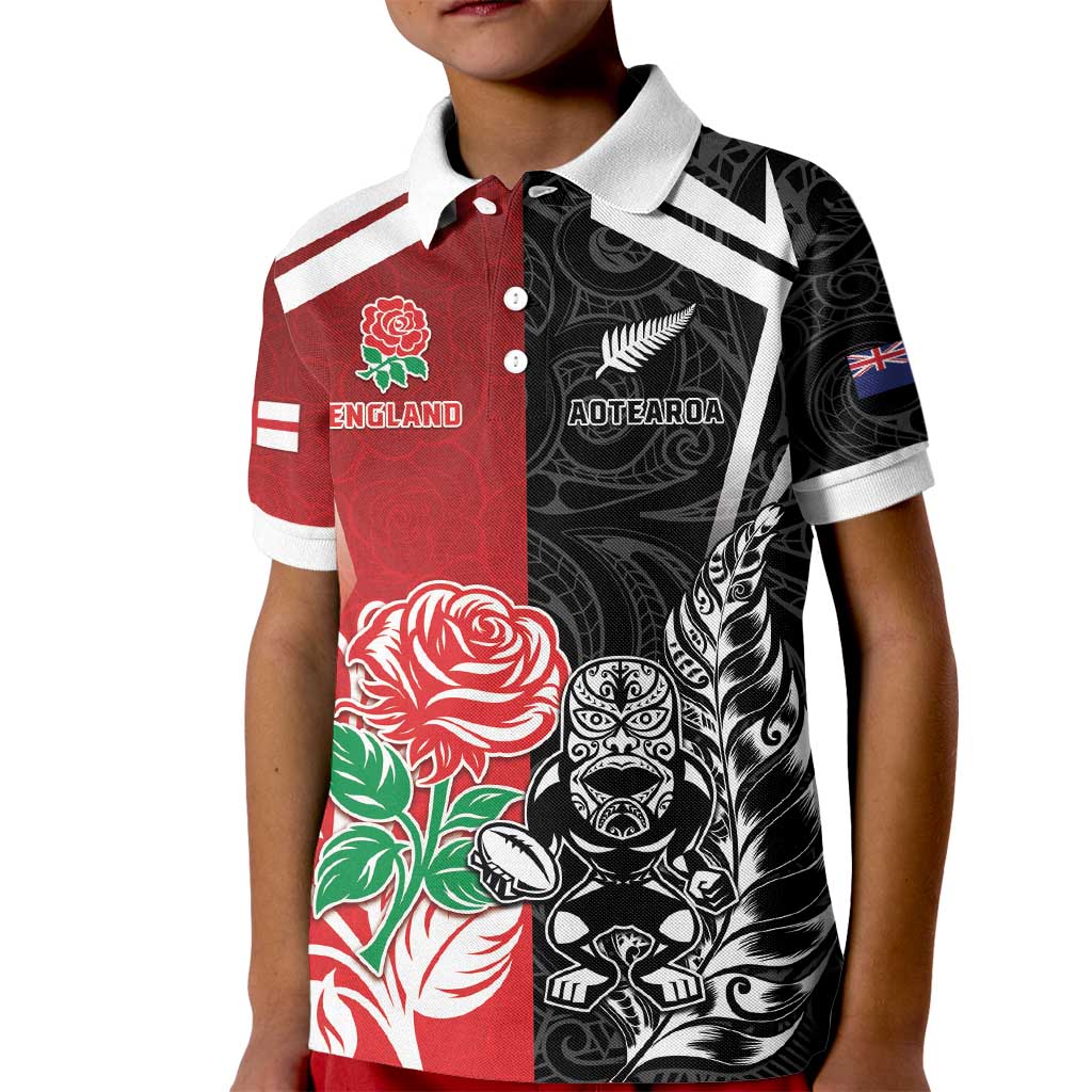 New Zealand And England Rugby Custom Kid Polo Shirt Maori Tiki With Red Rose Together LT05 Kid Red - Polynesian Pride