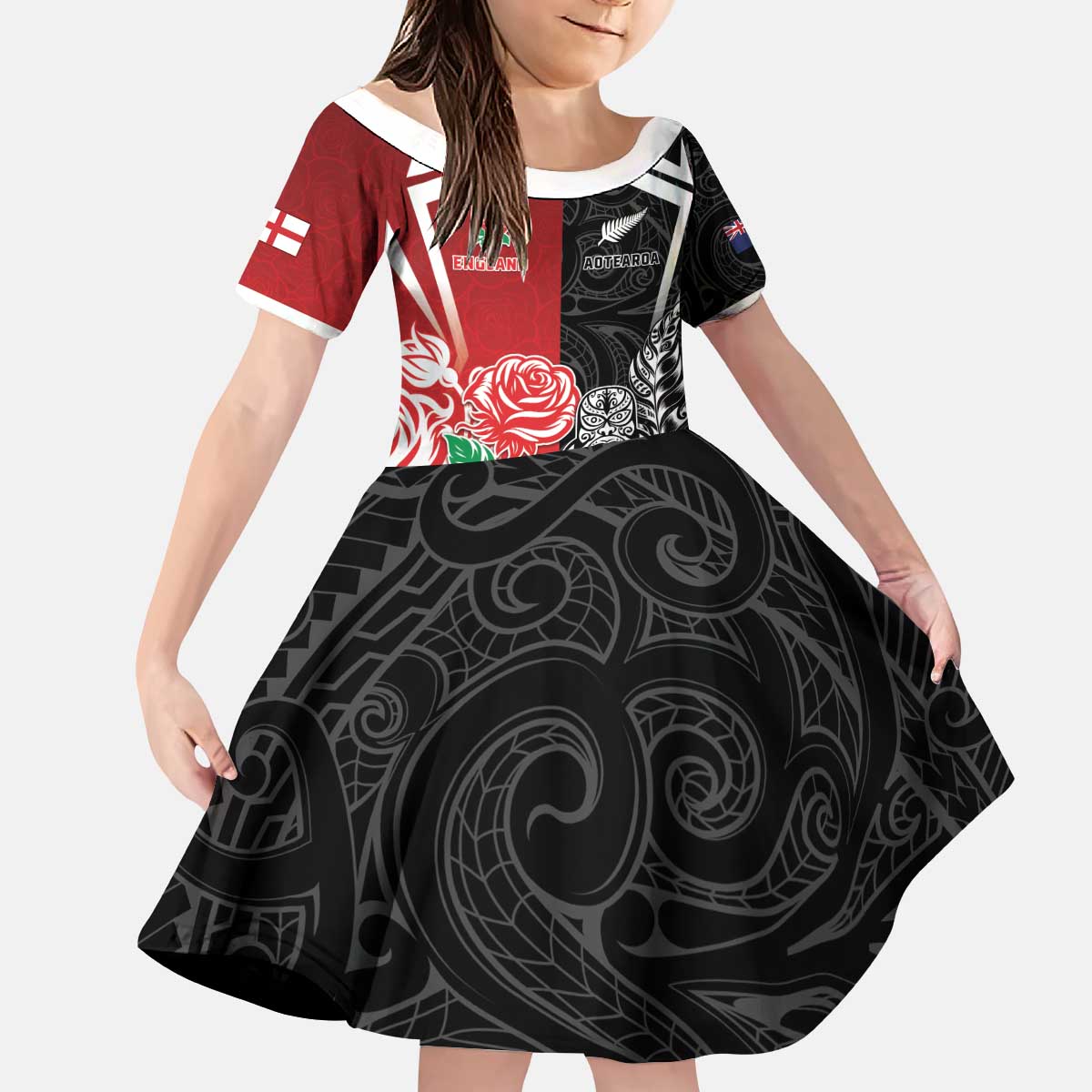 New Zealand And England Rugby Custom Kid Short Sleeve Dress Maori Tiki With Red Rose Together LT05 KID Red - Polynesian Pride