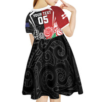 New Zealand And England Rugby Custom Kid Short Sleeve Dress Maori Tiki With Red Rose Together LT05 - Polynesian Pride