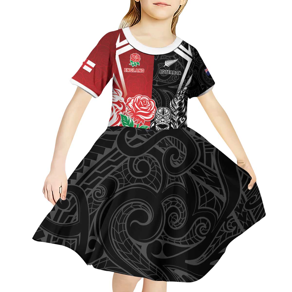 New Zealand And England Rugby Custom Kid Short Sleeve Dress Maori Tiki With Red Rose Together LT05 - Polynesian Pride