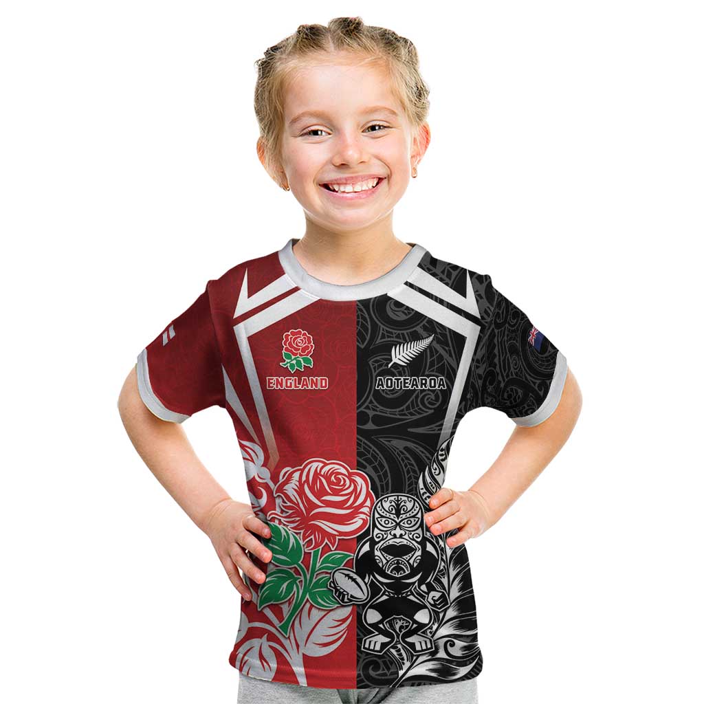 New Zealand And England Rugby Custom Kid T Shirt Maori Tiki With Red Rose Together