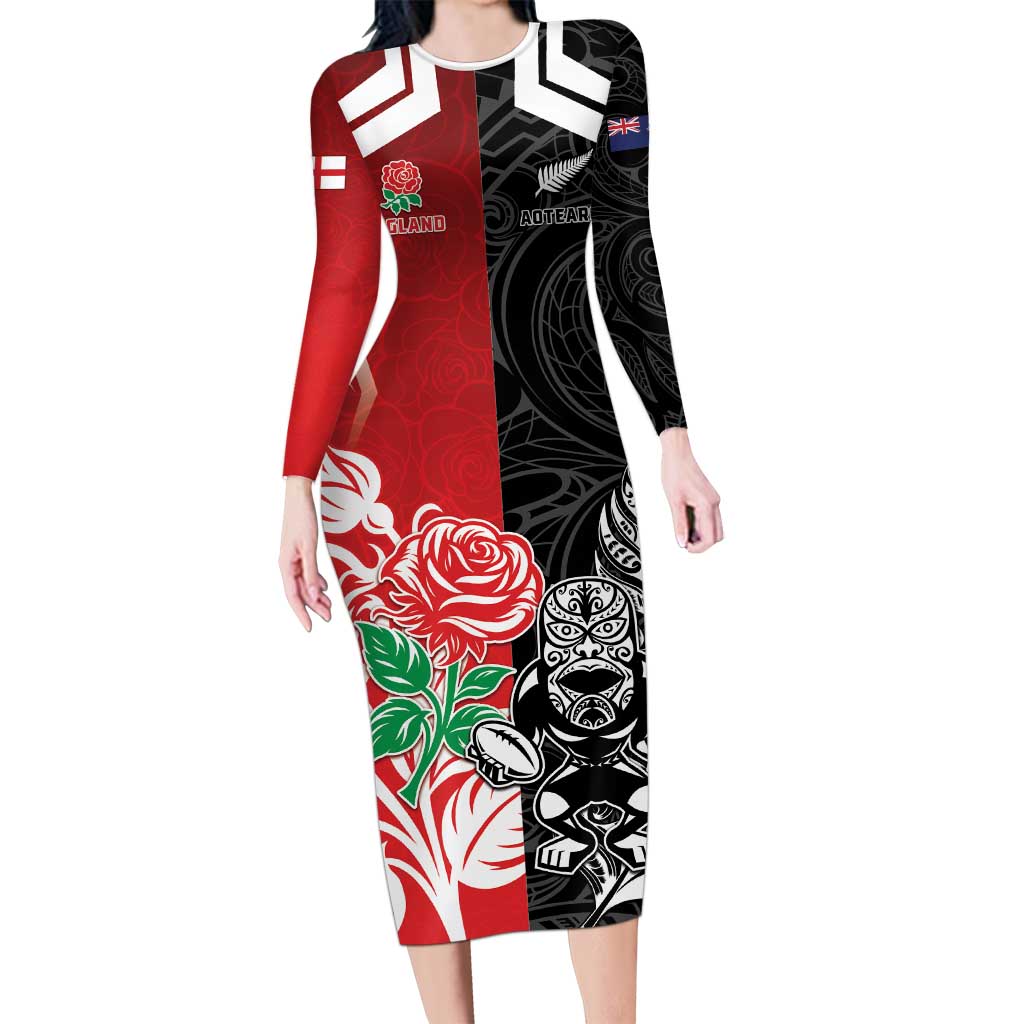 New Zealand And England Rugby Custom Long Sleeve Bodycon Dress Maori Tiki With Red Rose Together LT05 Long Dress Red - Polynesian Pride