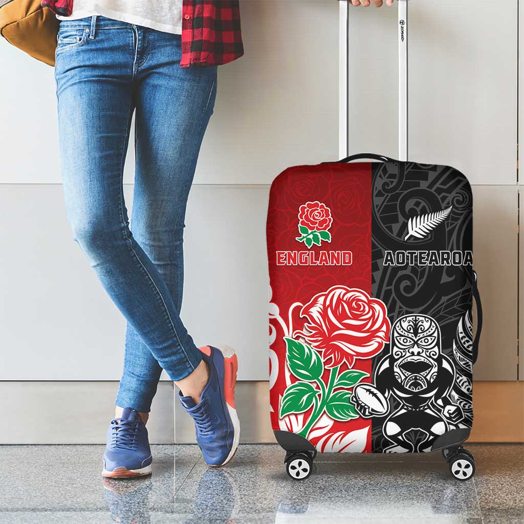 New Zealand And England Rugby Luggage Cover Maori Tiki With Red Rose Together LT05 - Polynesian Pride