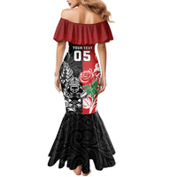 New Zealand And England Rugby Custom Mermaid Dress Maori Tiki With Red Rose Together LT05 - Polynesian Pride