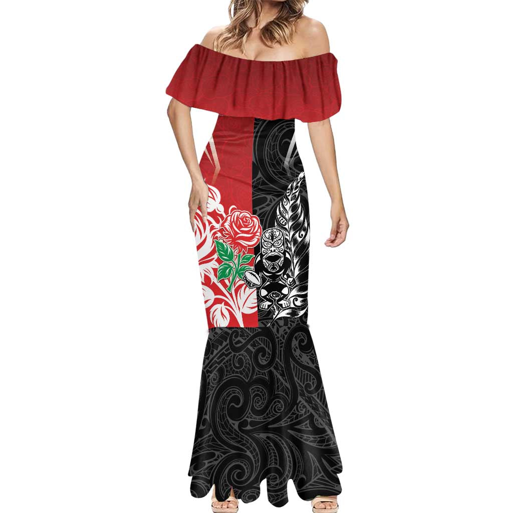 New Zealand And England Rugby Custom Mermaid Dress Maori Tiki With Red Rose Together LT05 - Polynesian Pride
