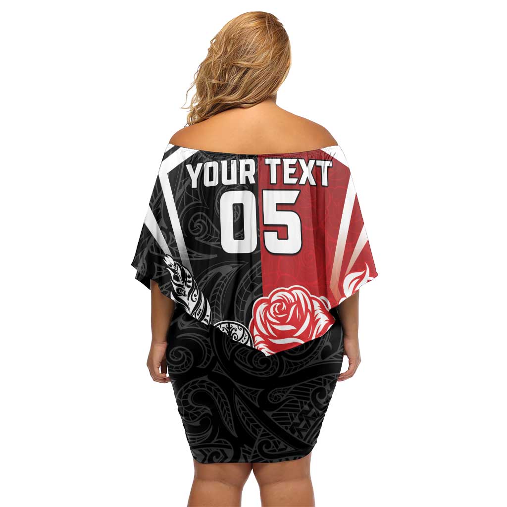 New Zealand And England Rugby Custom Off Shoulder Short Dress Maori Tiki With Red Rose Together