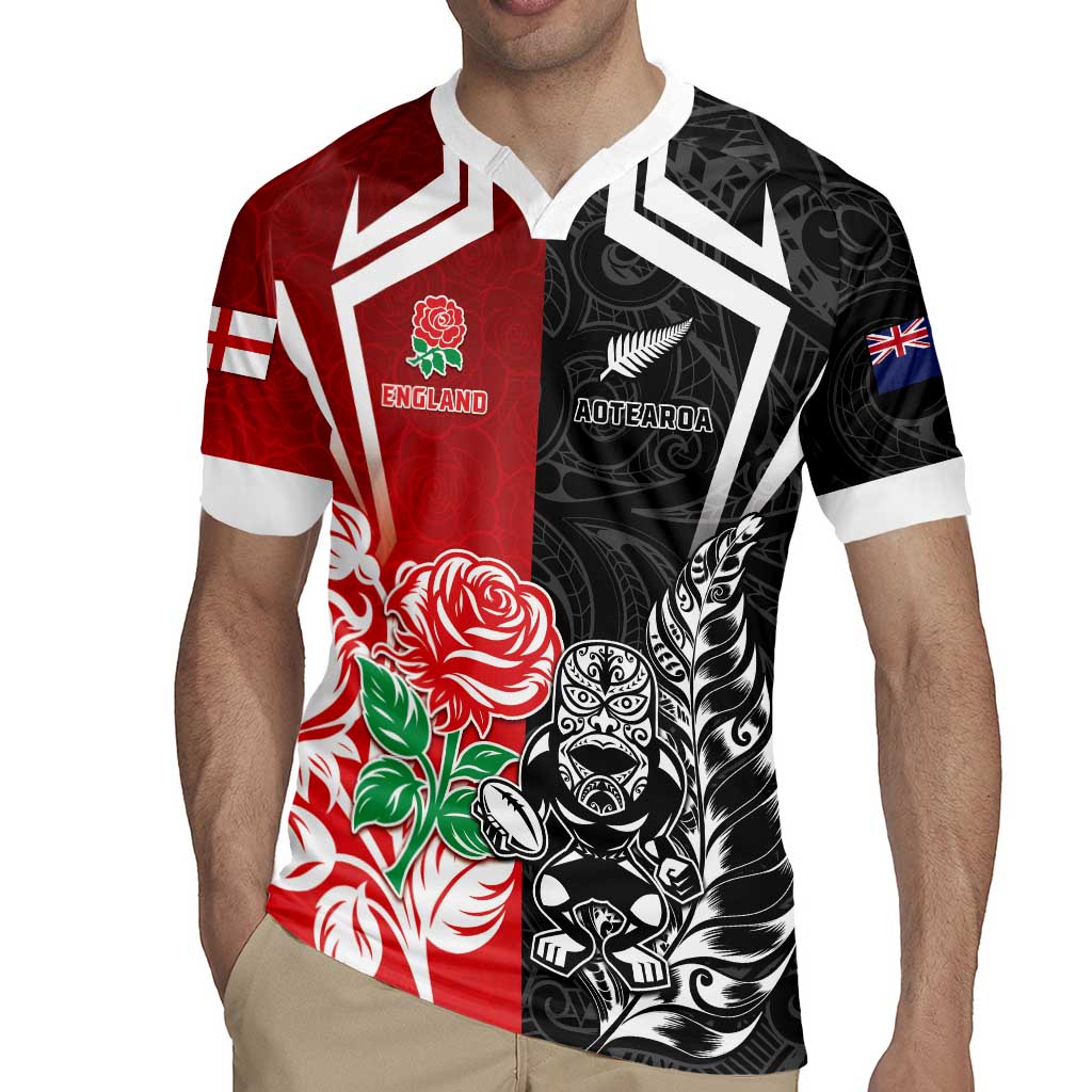 New Zealand And England Rugby Custom Rugby Jersey Maori Tiki With Red Rose Together