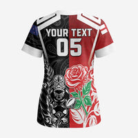 New Zealand And England Rugby Custom Scrub Top Maori Tiki With Red Rose Together - Polynesian Pride