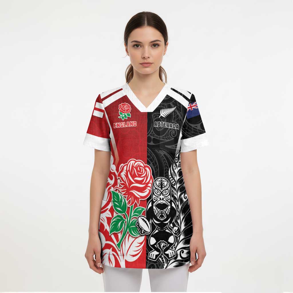 New Zealand And England Rugby Custom Scrub Top Maori Tiki With Red Rose Together - Polynesian Pride