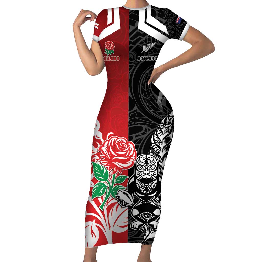 New Zealand And England Rugby Custom Short Sleeve Bodycon Dress Maori Tiki With Red Rose Together LT05 Long Dress Red - Polynesian Pride