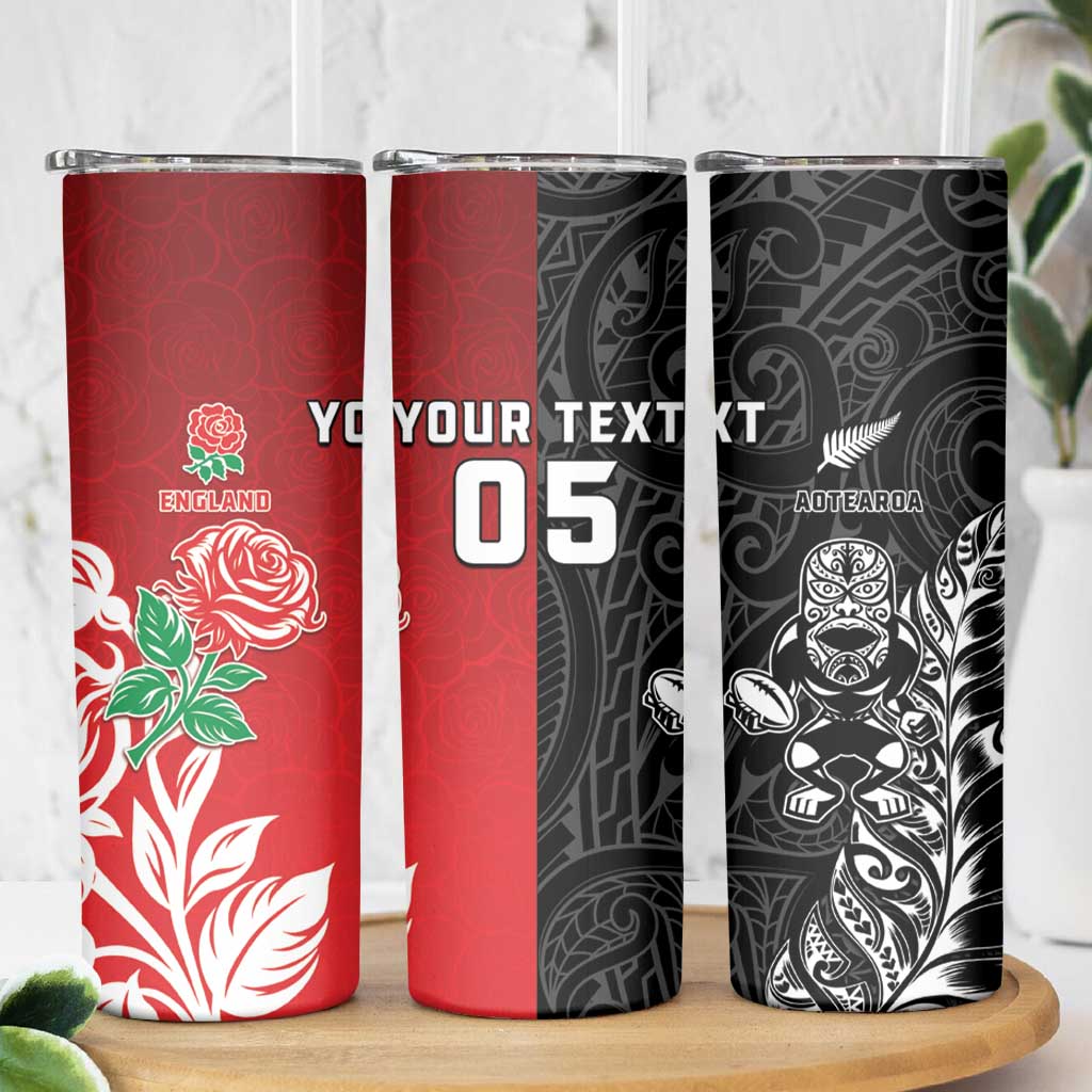 New Zealand And England Rugby Custom Skinny Tumbler Maori Tiki With Red Rose Together LT05 - Polynesian Pride