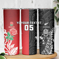 New Zealand And England Rugby Custom Skinny Tumbler Maori Tiki With Red Rose Together LT05 - Polynesian Pride