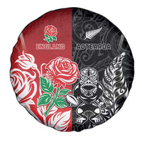 New Zealand And England Rugby Spare Tire Cover Maori Tiki With Red Rose Together LT05 - Polynesian Pride