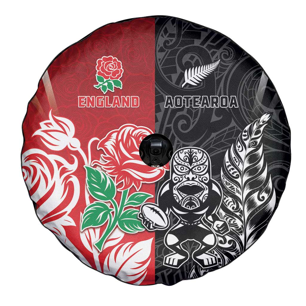 New Zealand And England Rugby Spare Tire Cover Maori Tiki With Red Rose Together LT05 - Polynesian Pride