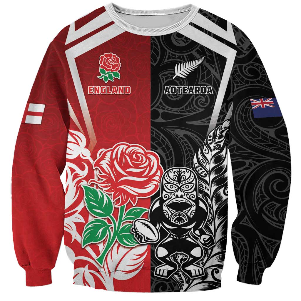 New Zealand And England Rugby Custom Sweatshirt Maori Tiki With Red Rose Together