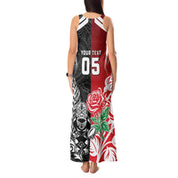 New Zealand And England Rugby Custom Tank Maxi Dress Maori Tiki With Red Rose Together LT05 - Polynesian Pride