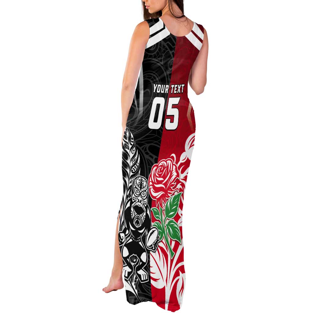 New Zealand And England Rugby Custom Tank Maxi Dress Maori Tiki With Red Rose Together LT05 - Polynesian Pride