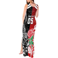 New Zealand And England Rugby Custom Tank Maxi Dress Maori Tiki With Red Rose Together LT05 - Polynesian Pride