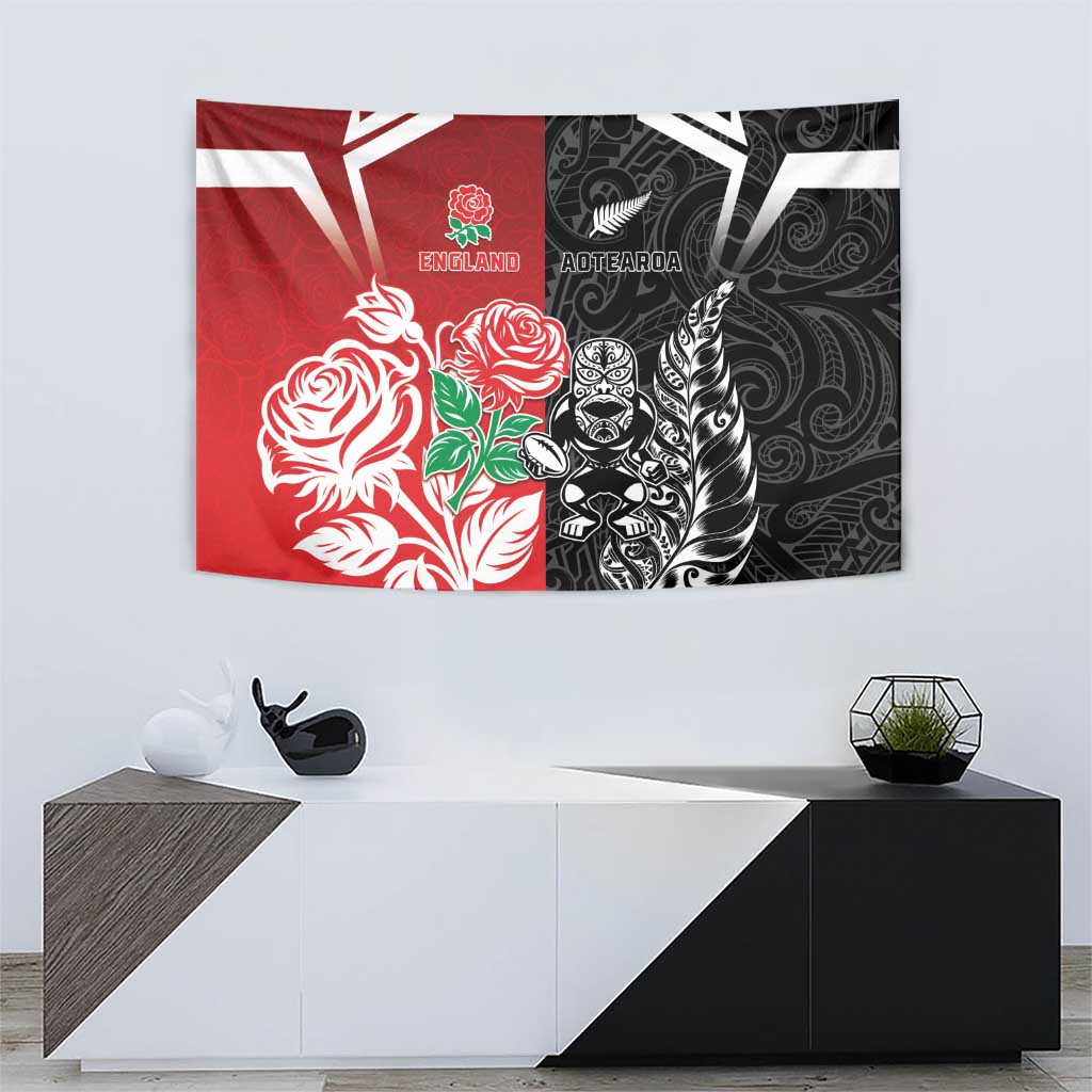 New Zealand And England Rugby Tapestry Maori Tiki With Red Rose Together