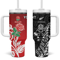 New Zealand And England Rugby Custom Tumbler With Handle Maori Tiki With Red Rose Together