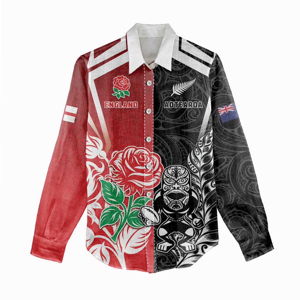 New Zealand And England Rugby Custom Women Casual Shirt Maori Tiki With Red Rose Together LT05 - Polynesian Pride