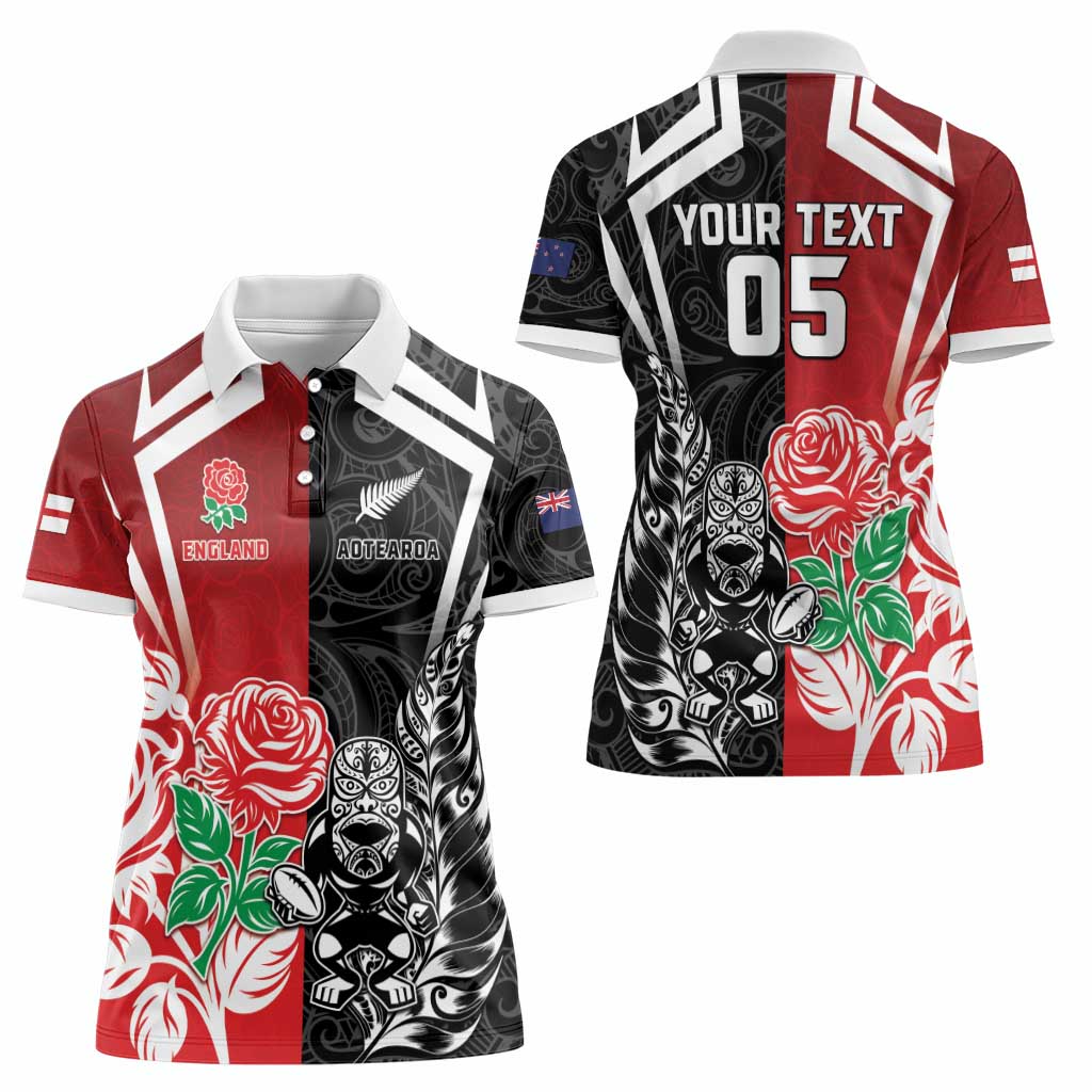 New Zealand And England Rugby Custom Women Polo Shirt Maori Tiki With Red Rose Together LT05 - Polynesian Pride