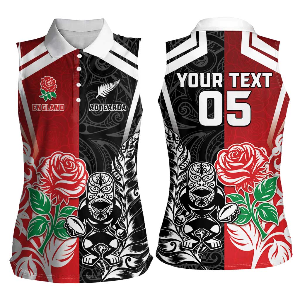 New Zealand And England Rugby Custom Women Sleeveless Polo Shirt Maori Tiki With Red Rose Together