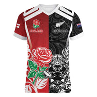 New Zealand And England Rugby Custom Women V-Neck T-Shirt Maori Tiki With Red Rose Together LT05 Female Red - Polynesian Pride