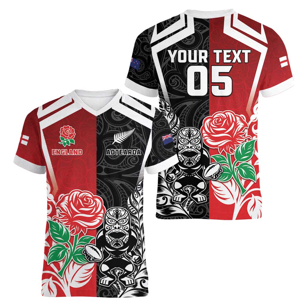 New Zealand And England Rugby Custom Women V-Neck T-Shirt Maori Tiki With Red Rose Together LT05 - Polynesian Pride