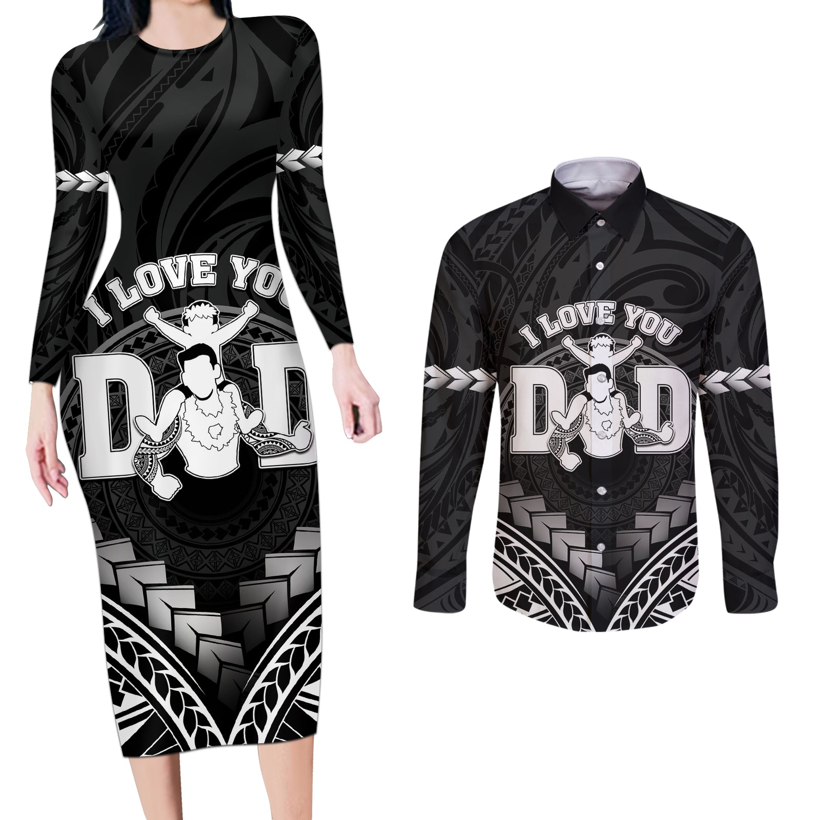 Personalised Happy Father's Day Couples Matching Long Sleeve Bodycon Dress and Long Sleeve Button Shirt I Love You Dad Polynesian Style