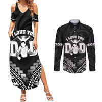 Personalised Happy Father's Day Couples Matching Summer Maxi Dress and Long Sleeve Button Shirt I Love You Dad Polynesian Style