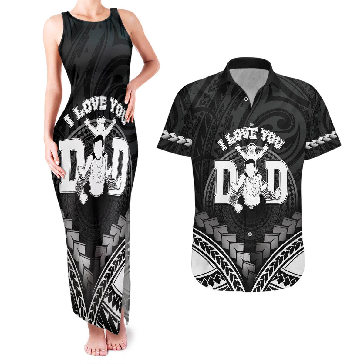 Personalised Happy Father's Day Couples Matching Tank Maxi Dress and Hawaiian Shirt I Love You Dad Polynesian Style