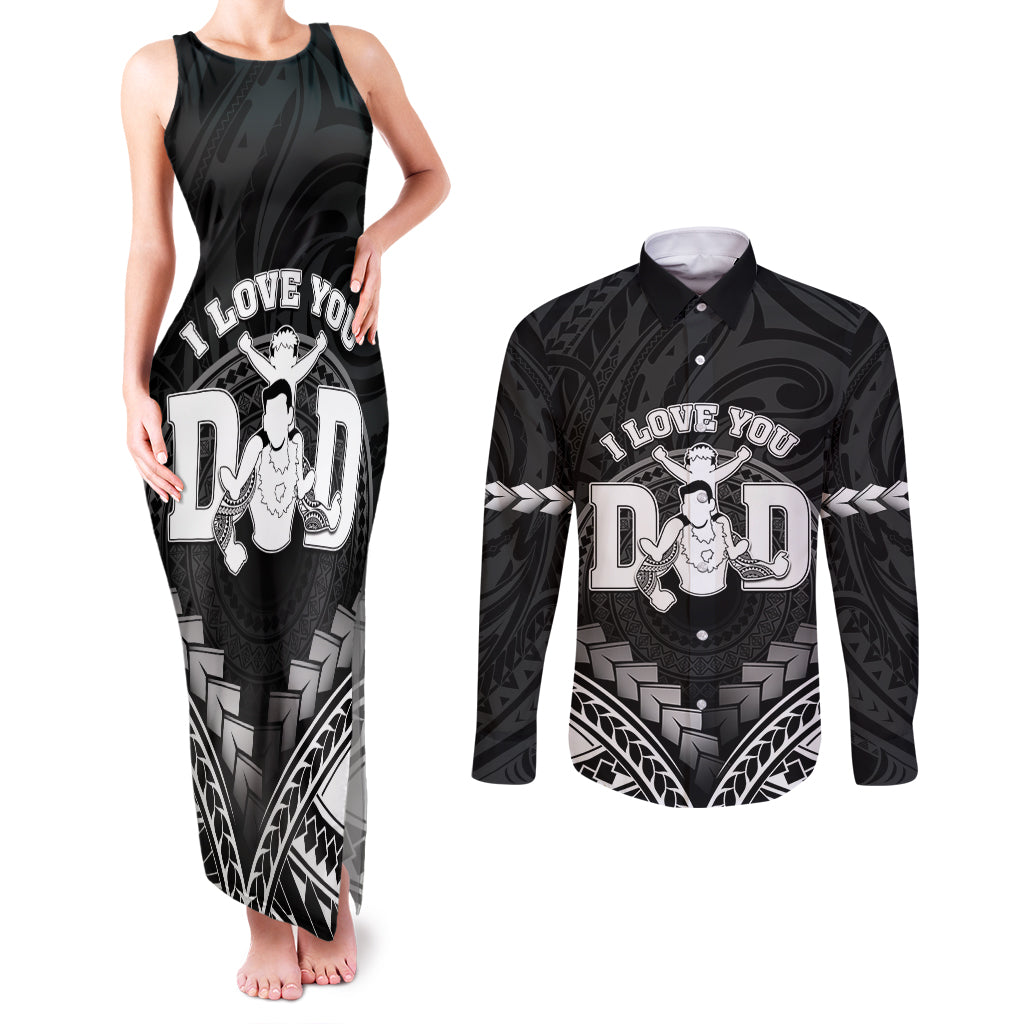 Personalised Happy Father's Day Couples Matching Tank Maxi Dress and Long Sleeve Button Shirt I Love You Dad Polynesian Style