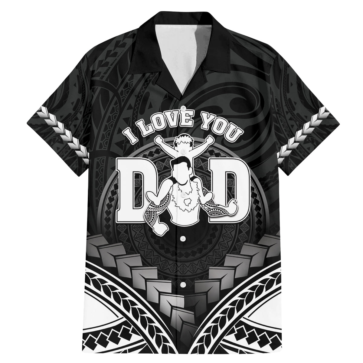 Personalised Happy Father's Day Family Matching Mermaid Dress and Hawaiian Shirt I Love You Dad Polynesian Style LT05 Dad's Shirt - Short Sleeve Black - Polynesian Pride