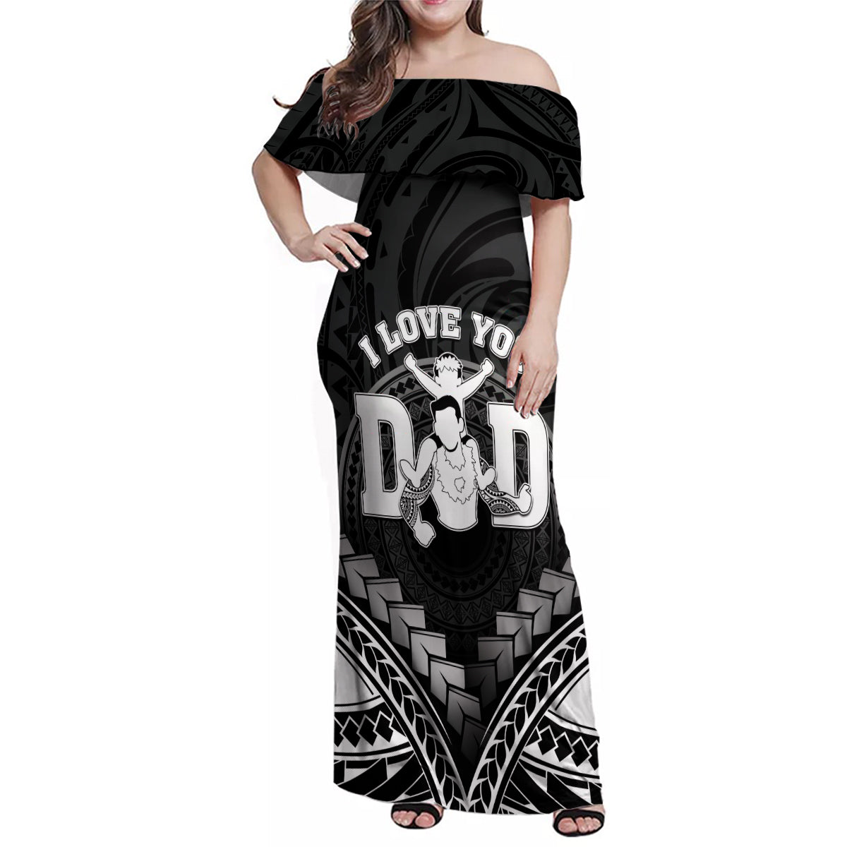 Personalised Happy Father's Day Family Matching Off Shoulder Maxi Dress and Hawaiian Shirt I Love You Dad Polynesian Style LT05 Mom's Dress Black - Polynesian Pride