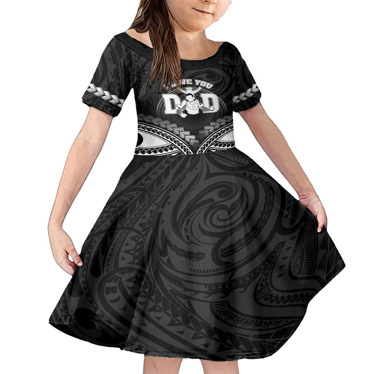 Personalised Happy Father's Day Family Matching Off Shoulder Short Dress and Hawaiian Shirt I Love You Dad Polynesian Style LT05 Daughter's Dress Black - Polynesian Pride