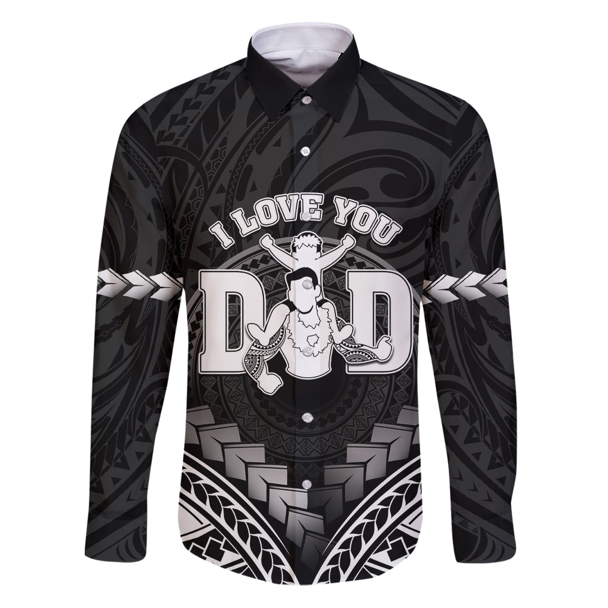 Personalised Happy Father's Day Family Matching Puletasi and Hawaiian Shirt I Love You Dad Polynesian Style LT05 Dad's Shirt - Long Sleeve Black - Polynesian Pride