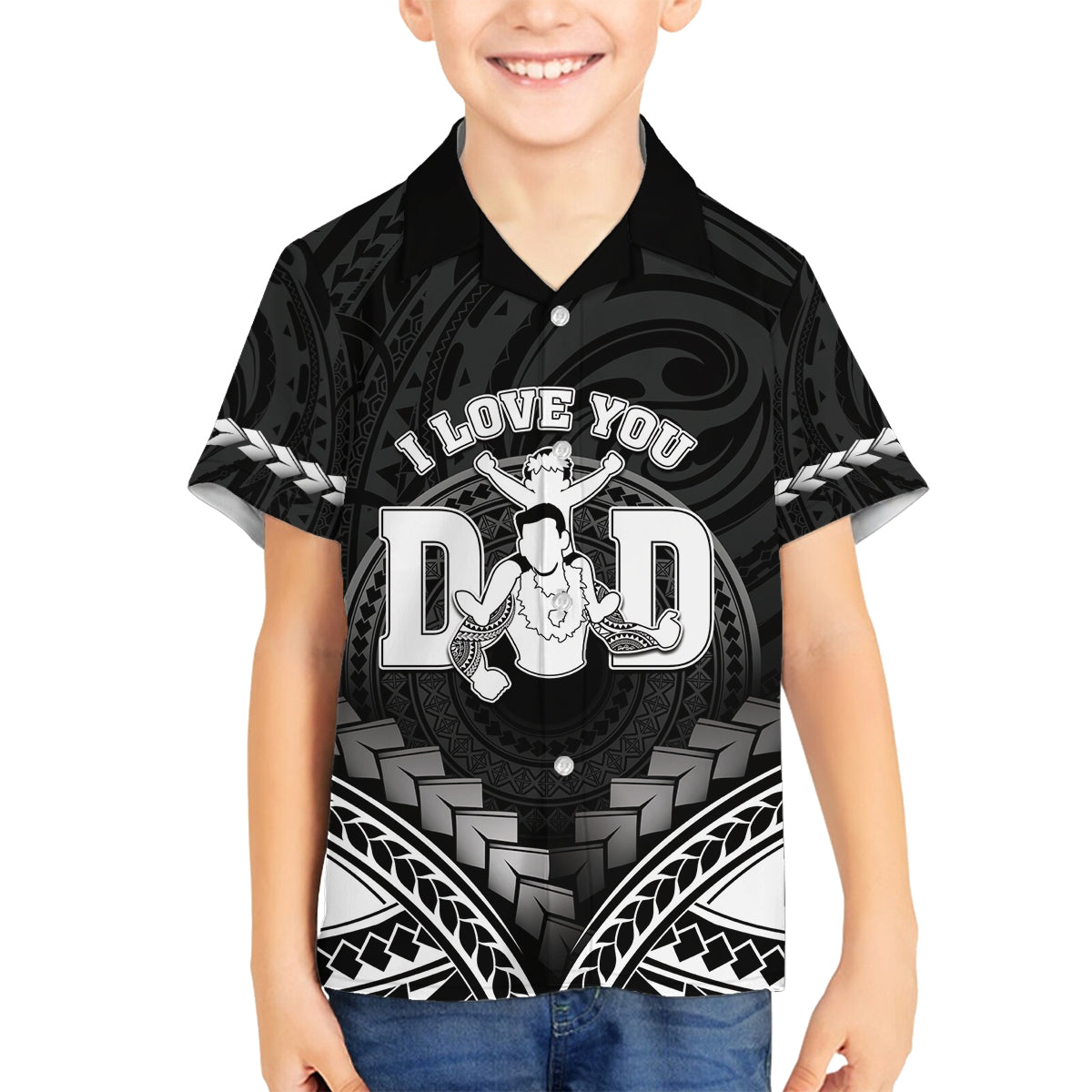 Personalised Happy Father's Day Family Matching Puletasi and Hawaiian Shirt I Love You Dad Polynesian Style LT05 Son's Shirt Black - Polynesian Pride